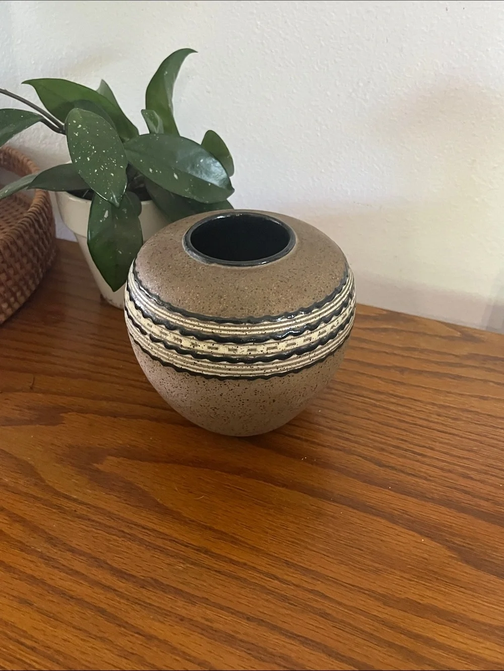 Mid century pottery Vase in Brown with Cream & Black Banding